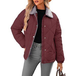 Women's Burgundy Puffer Jackets Coats Long Sleeve Winter Warm Button Outerwear